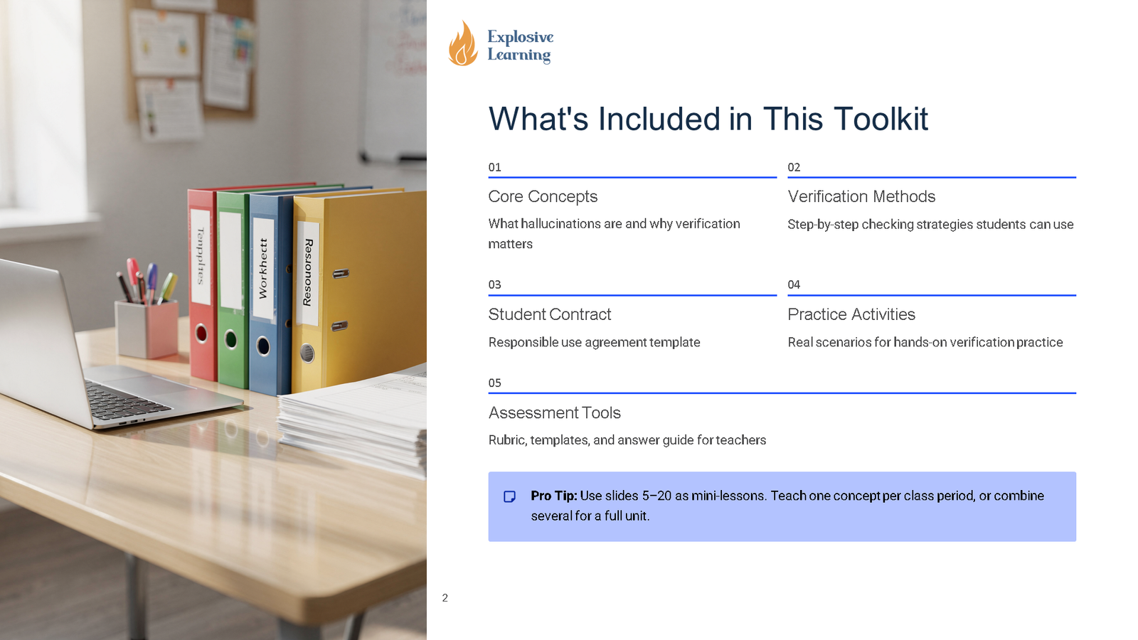 Desk with binders and toolkit overview slide