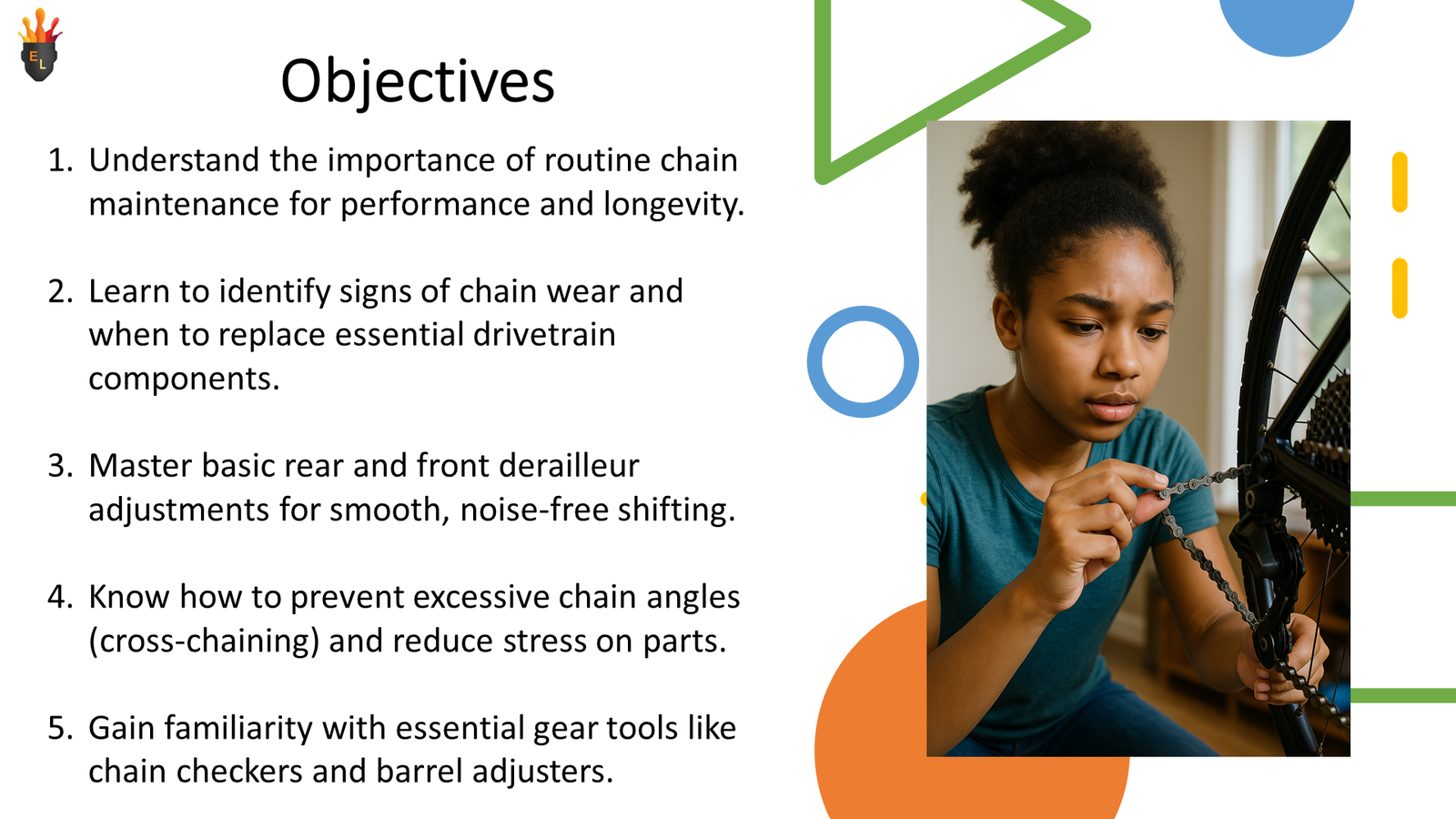 Woman inspecting bicycle chain and rear derailleur