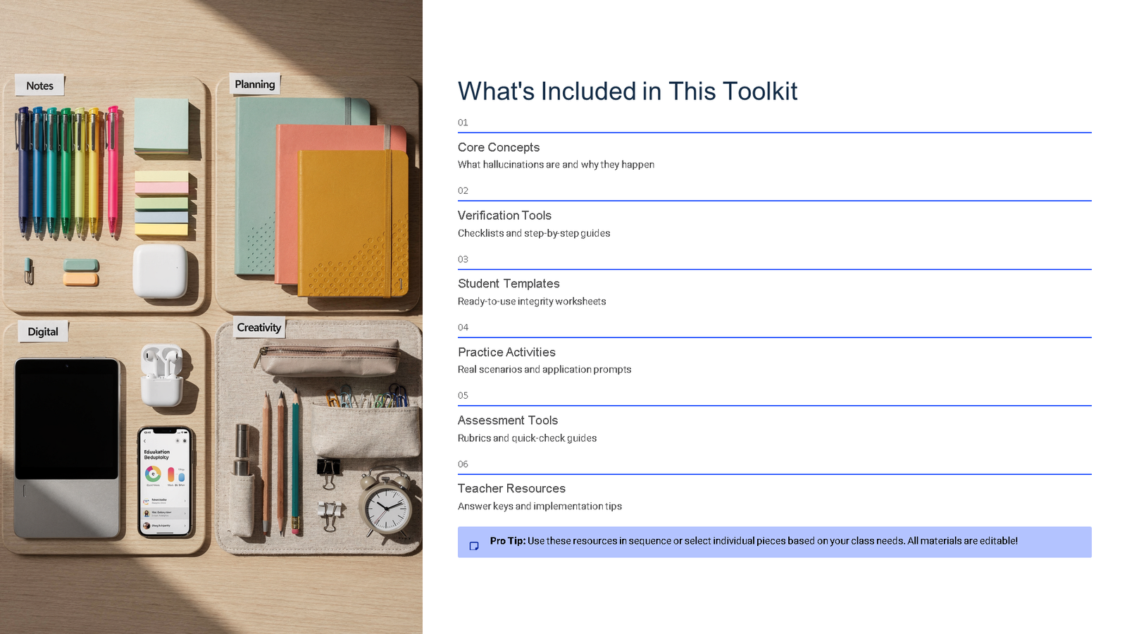 Organised study supplies beside toolkit contents list