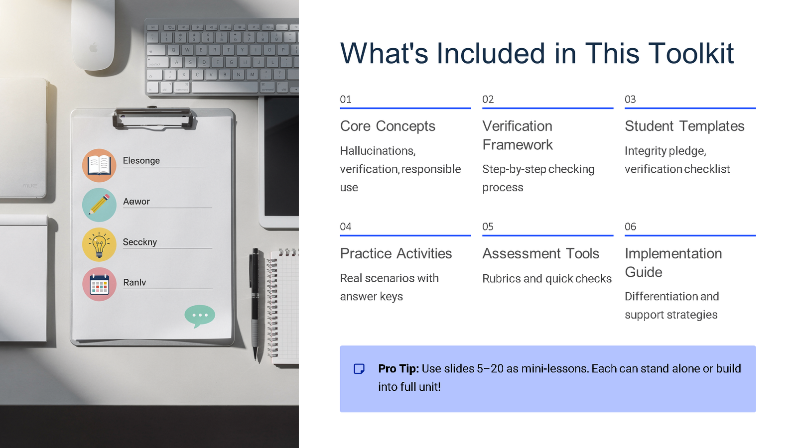 Toolkit contents slide with desk workspace background