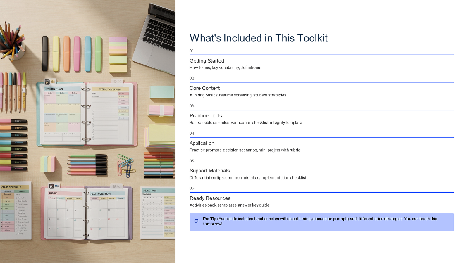 Organised desk with stationery and toolkit contents slide