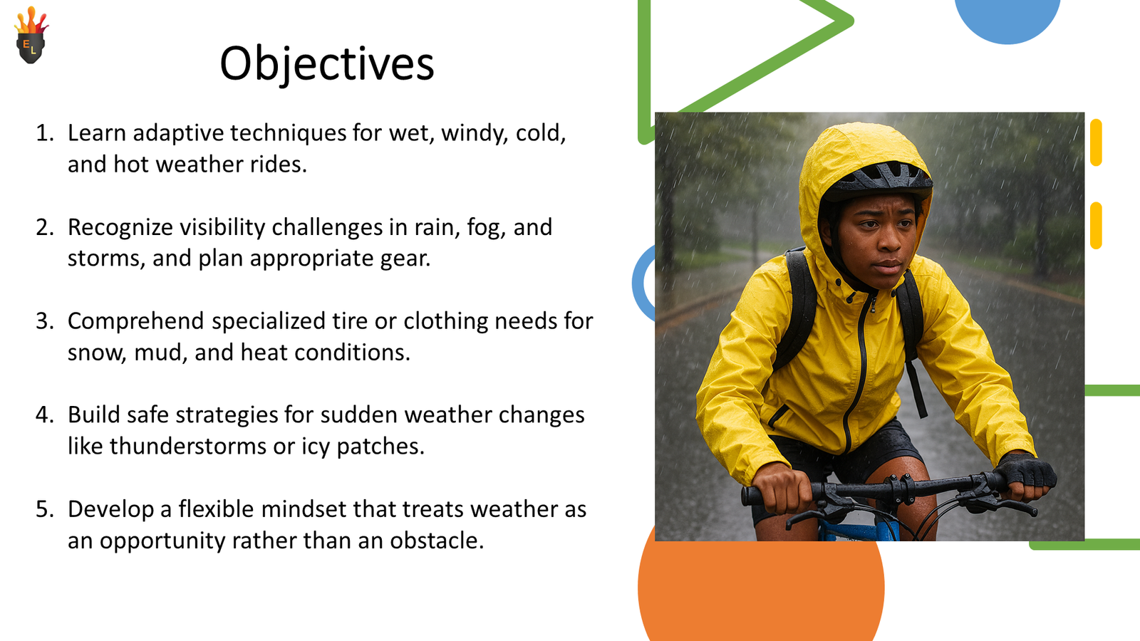 Child cycling in heavy rain wearing yellow jacket