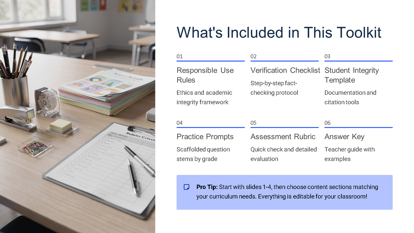 Classroom desk with toolkit contents overview slide