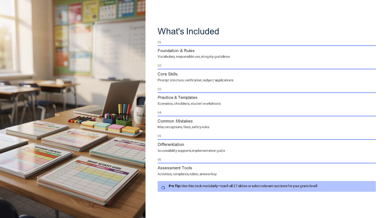 Classroom desk with teaching materials and course outline