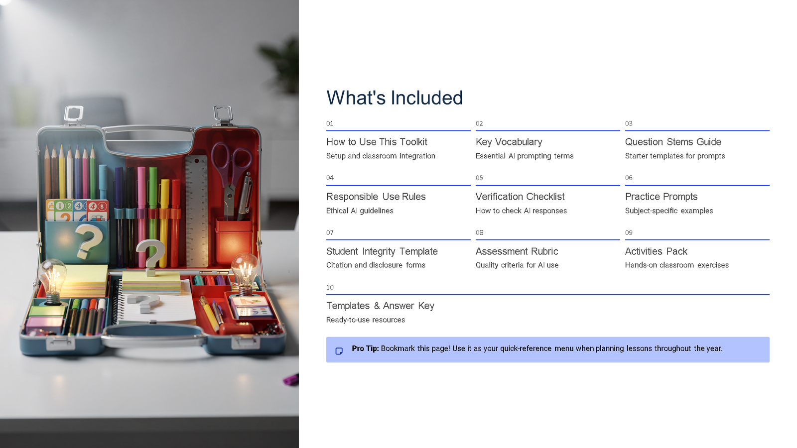 Open pencil case with school supplies and toolkit list