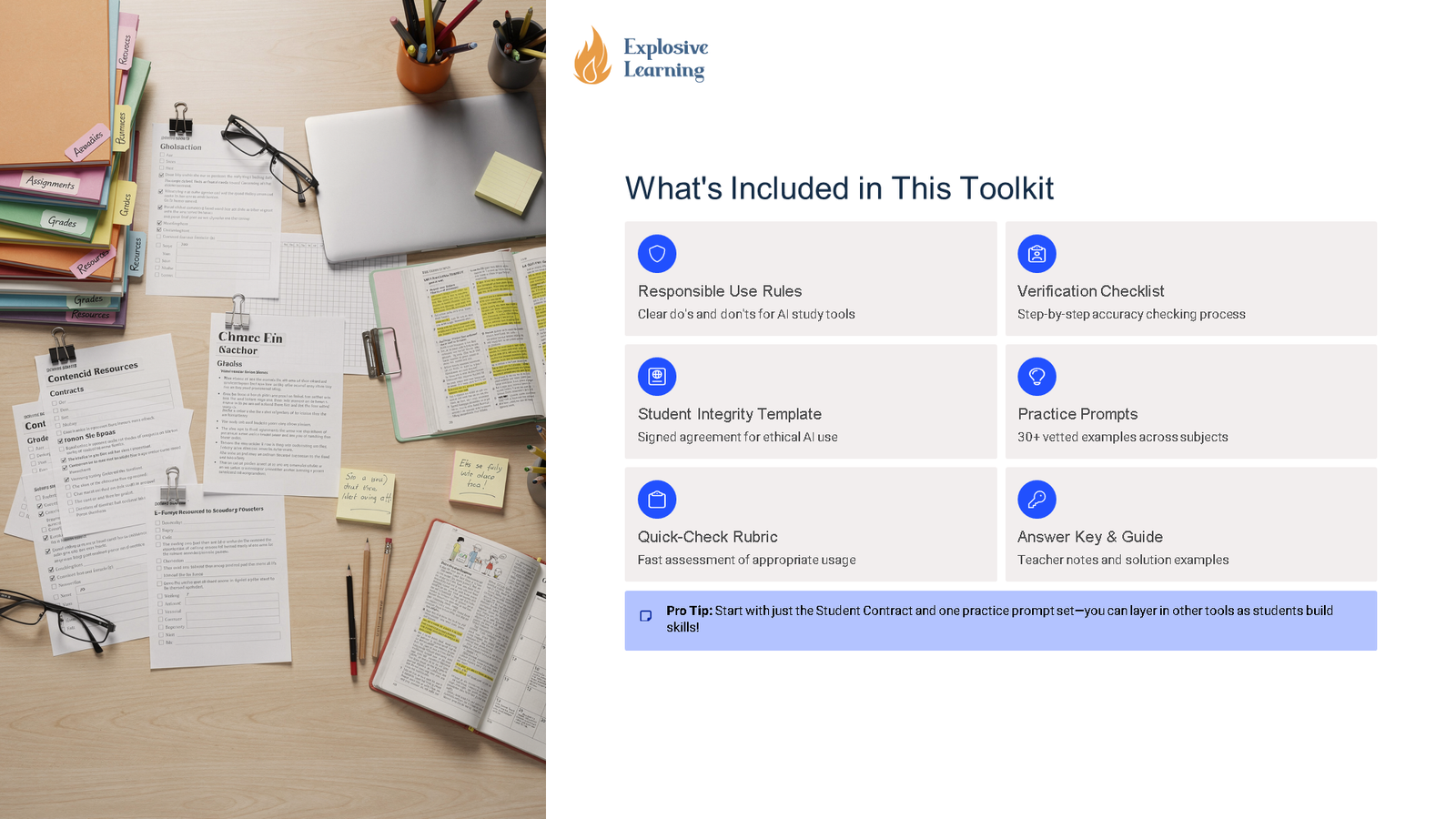 AI study toolkit overview beside desk workspace