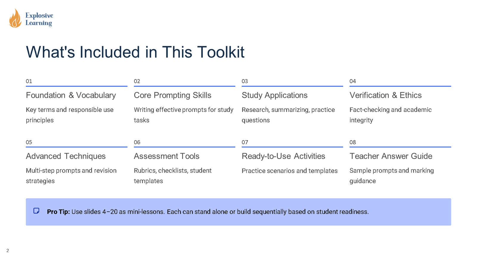 Toolkit contents overview slide with eight sections
