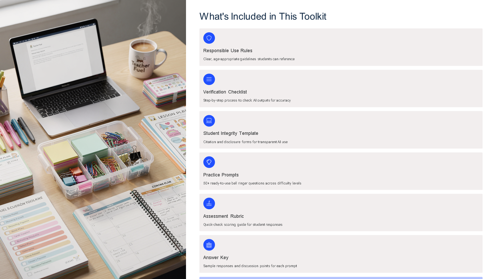Teacher desk with laptop and AI toolkit list