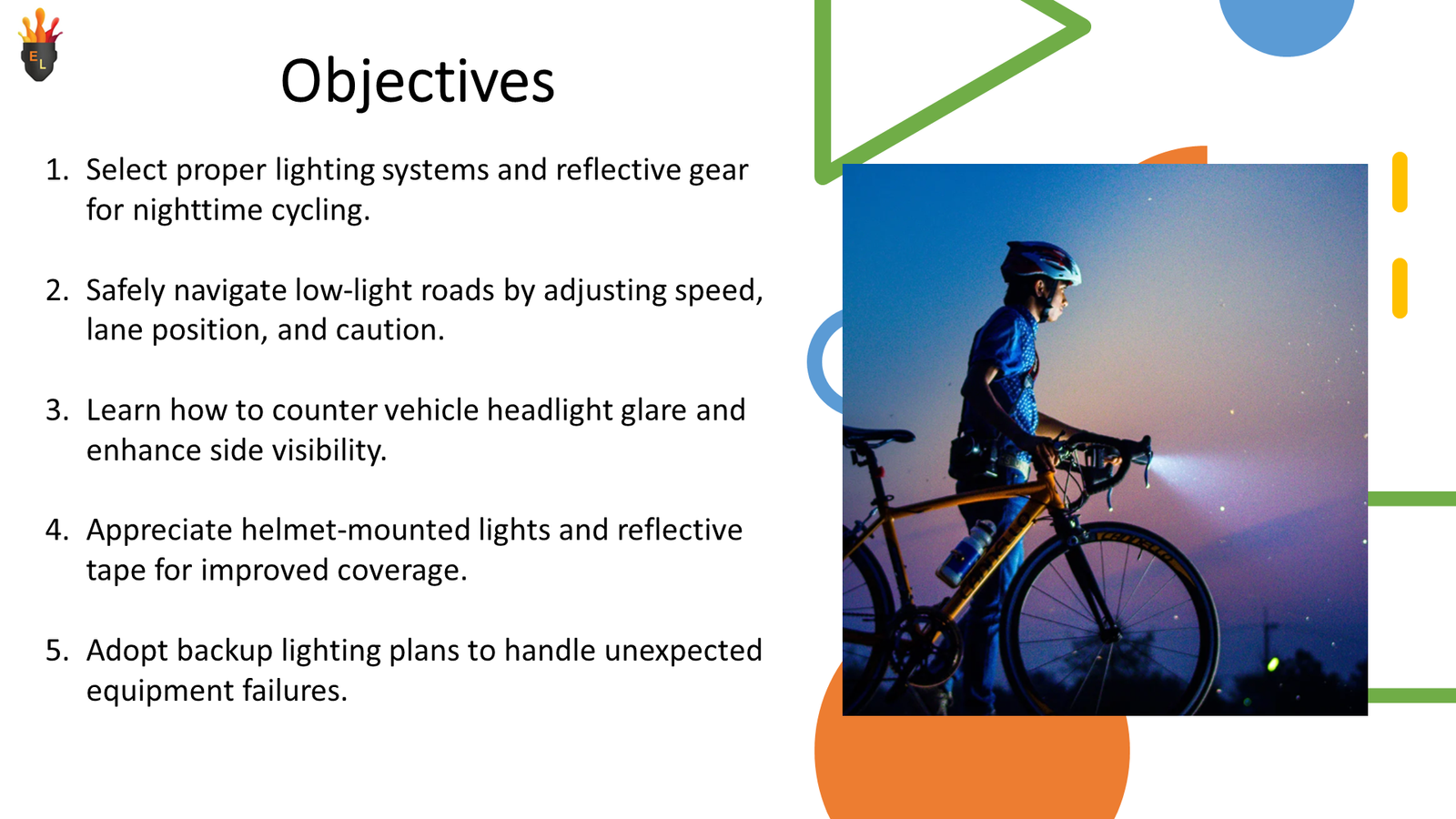 Cyclist riding at night with bright front light