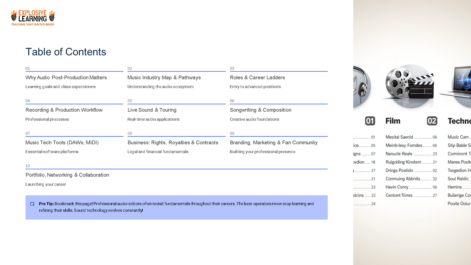 Audio post-production course table of contents slide