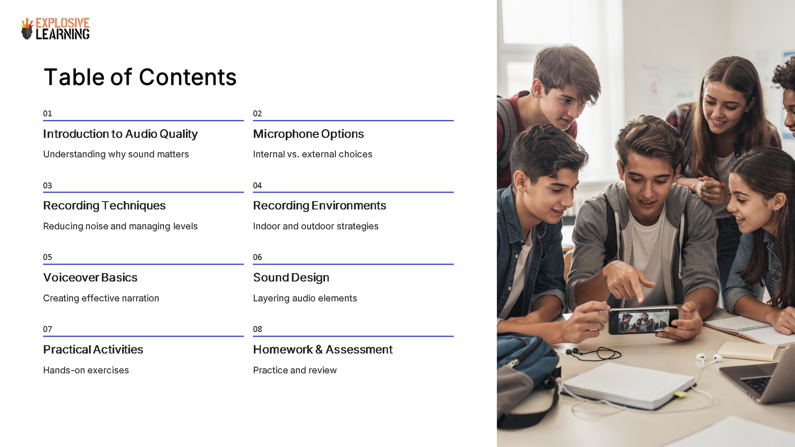 Students reviewing video beside audio course contents slide