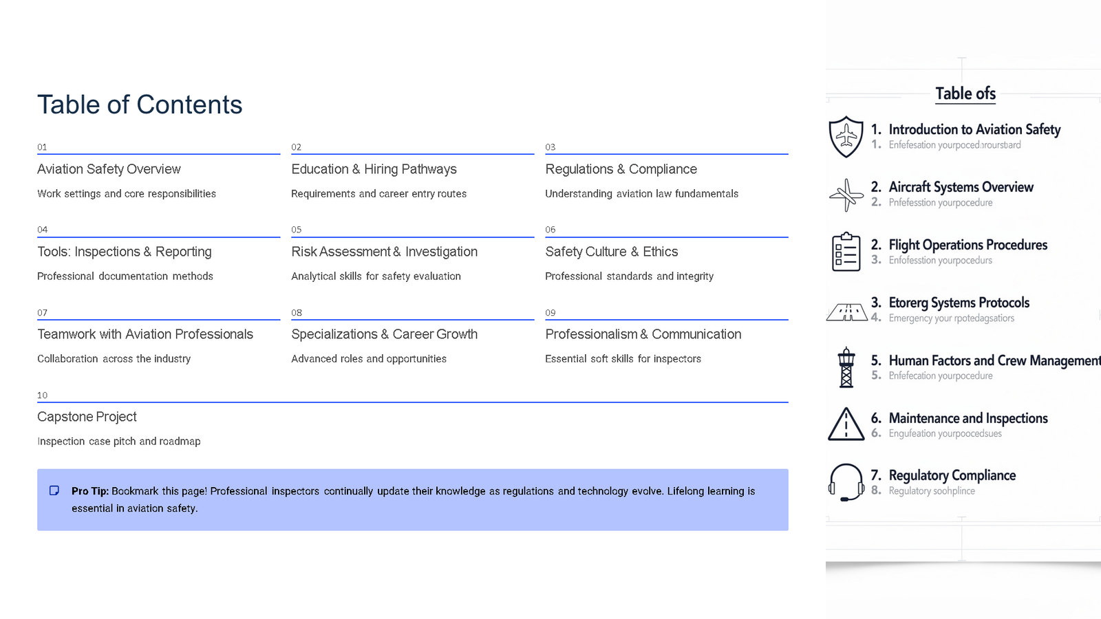 Aviation safety course table of contents slide