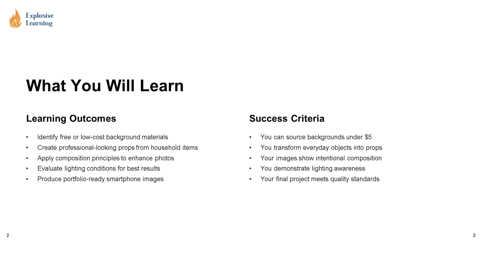 Learning outcomes and success criteria slide