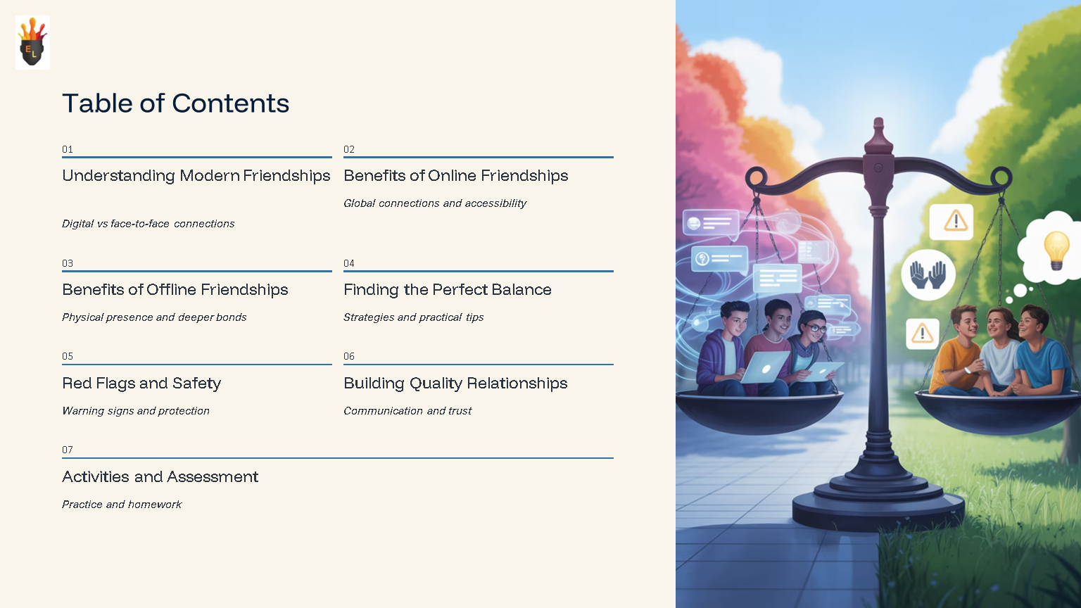 Balance scale comparing online and offline friendships