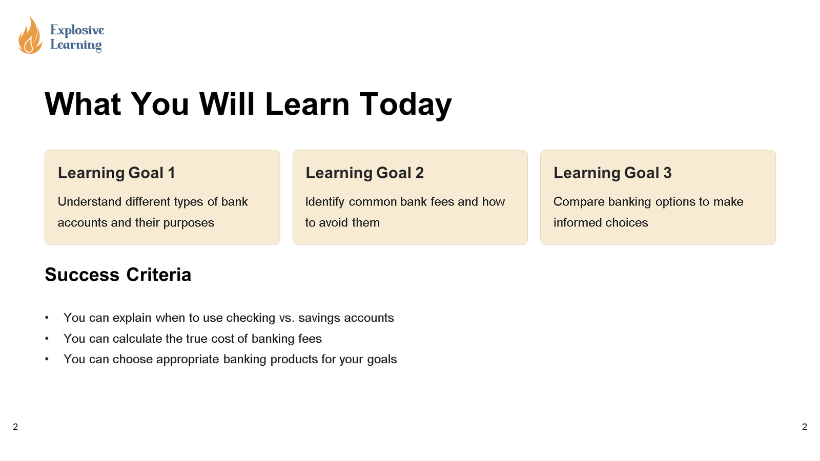 Lesson slide outlining banking learning goals and criteria