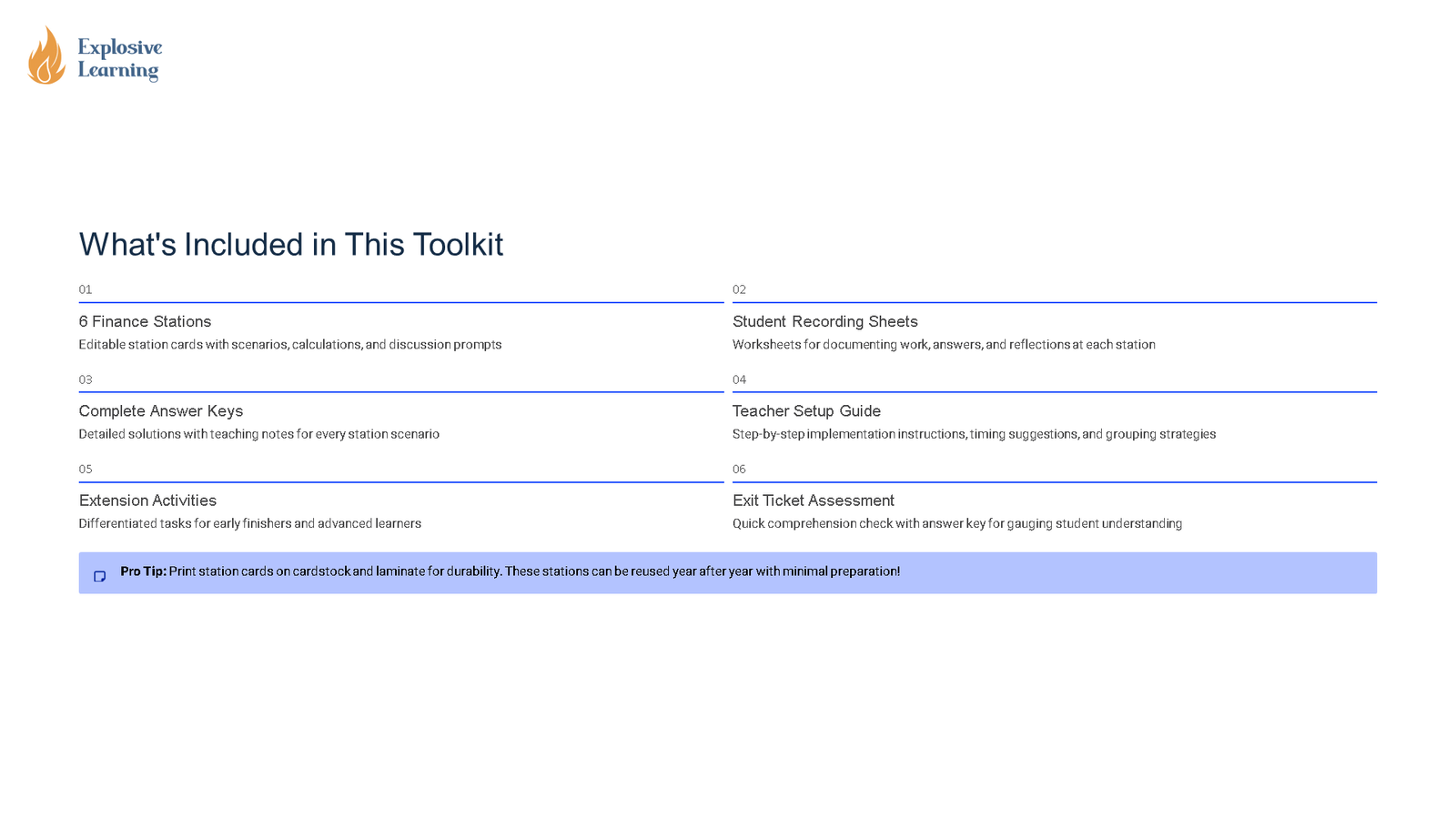 Toolkit contents overview for finance stations resource