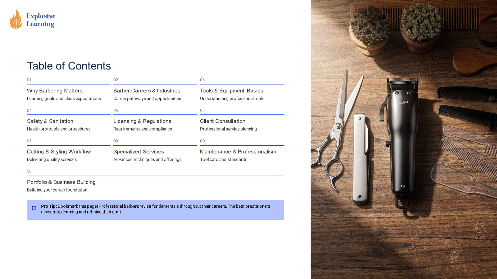 Barbering course contents and professional tools on table