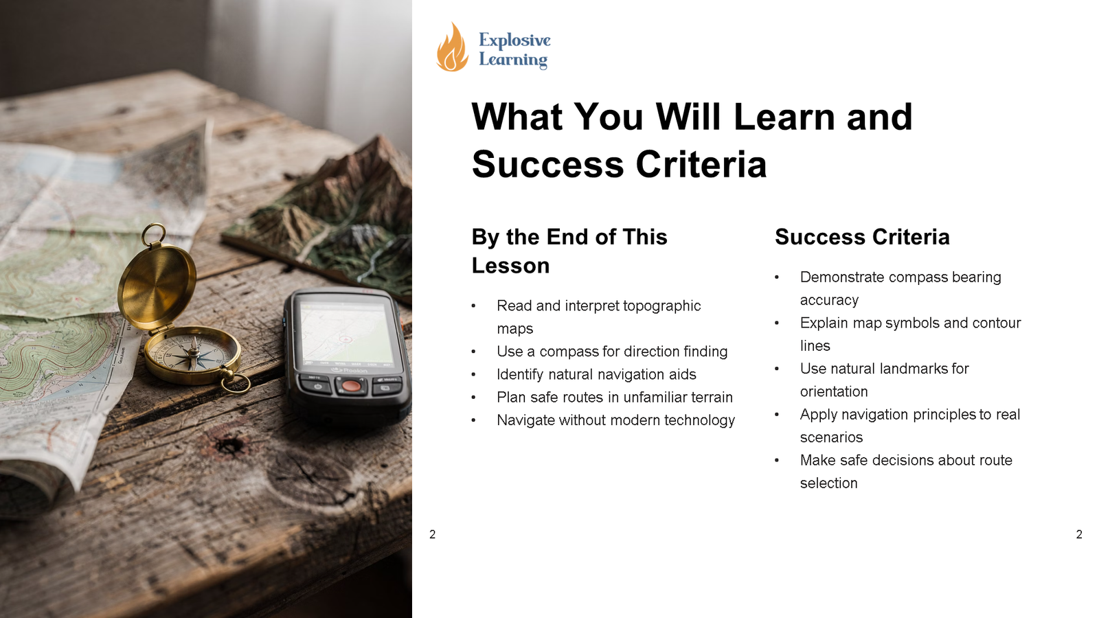 Compass, map and GPS on wooden table