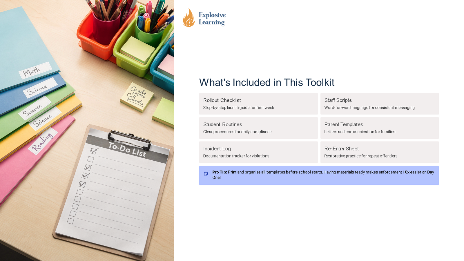 School desk with folders and toolkit checklist