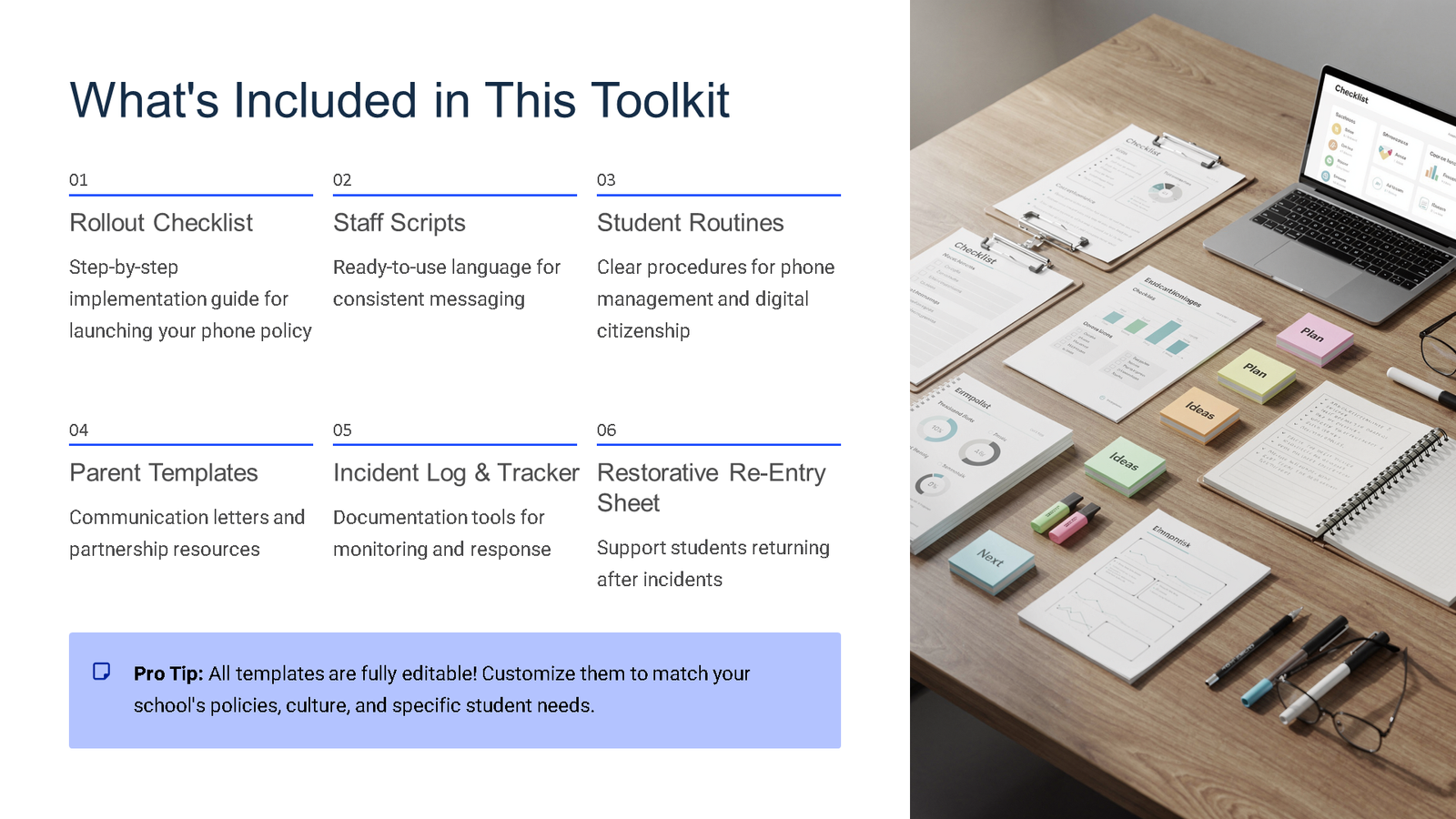 Toolkit contents list beside organised office desk setup
