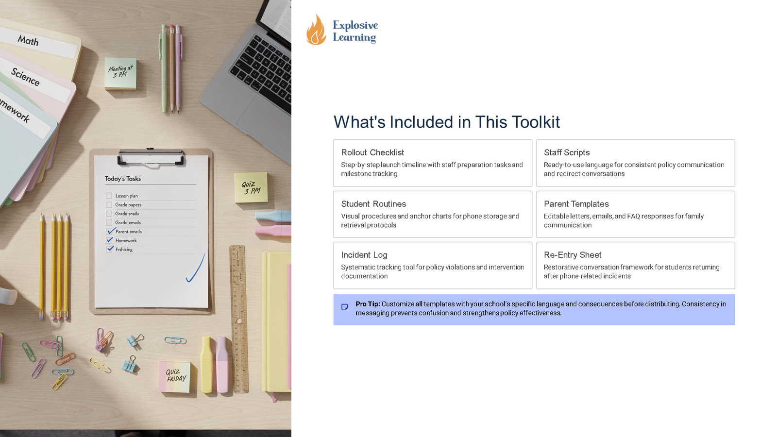 School toolkit overview beside organised teacher desk