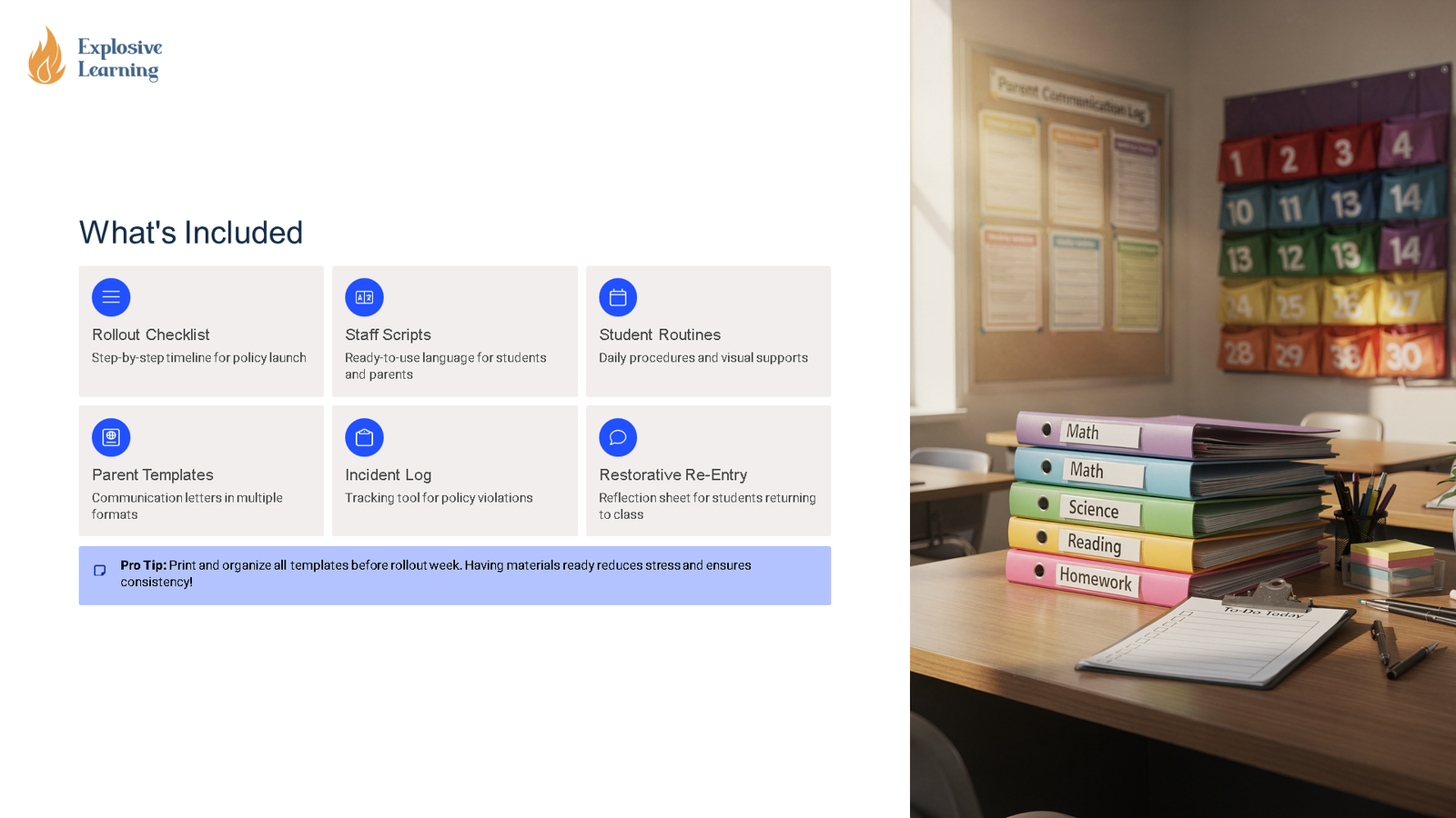 Classroom desk with labelled binders and checklist poster