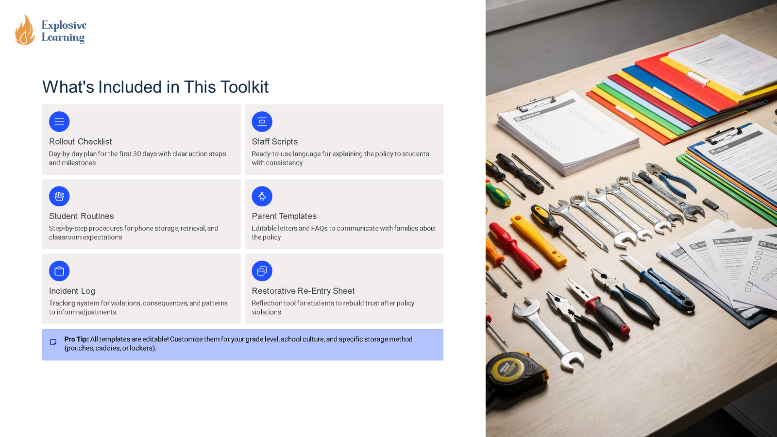 Toolkit contents slide beside organised tools on desk