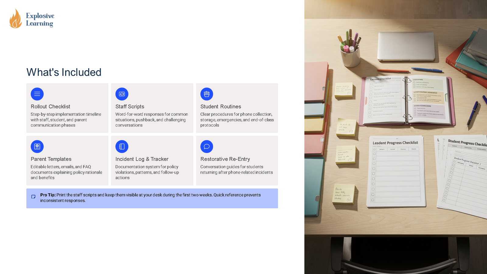 School policy rollout checklist and organised desk
