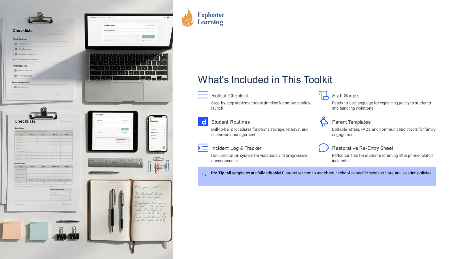 School toolkit overview with checklists and devices