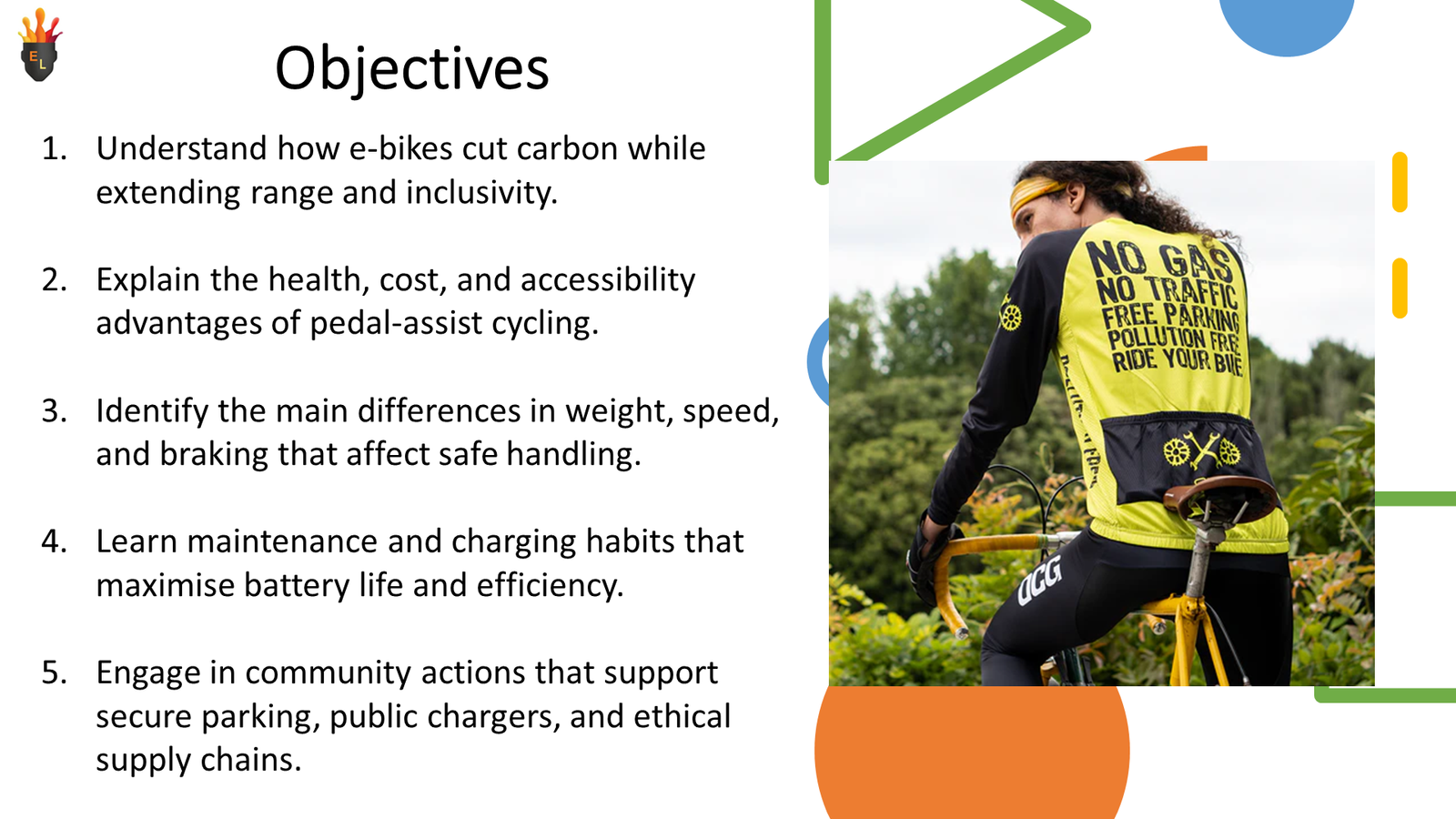 Presentation slide on e-bike objectives with cyclist image