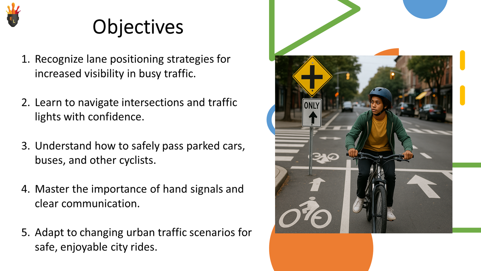 Cyclist riding in city bike lane at junction