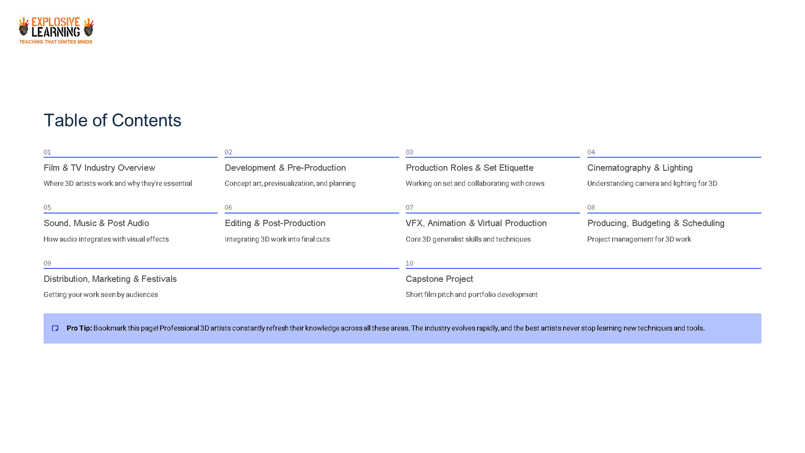 Film and TV course table of contents slide