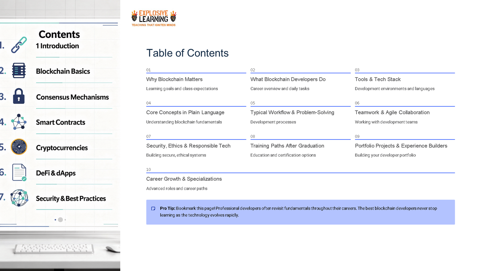 Blockchain course table of contents slide