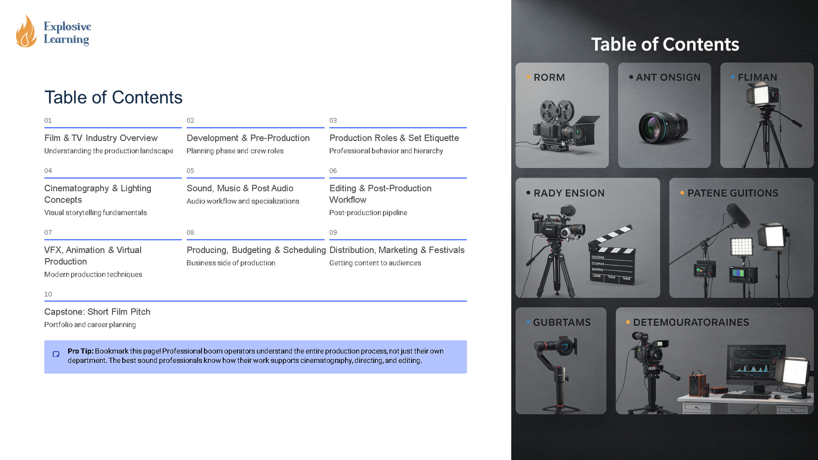Film production course table of contents slide