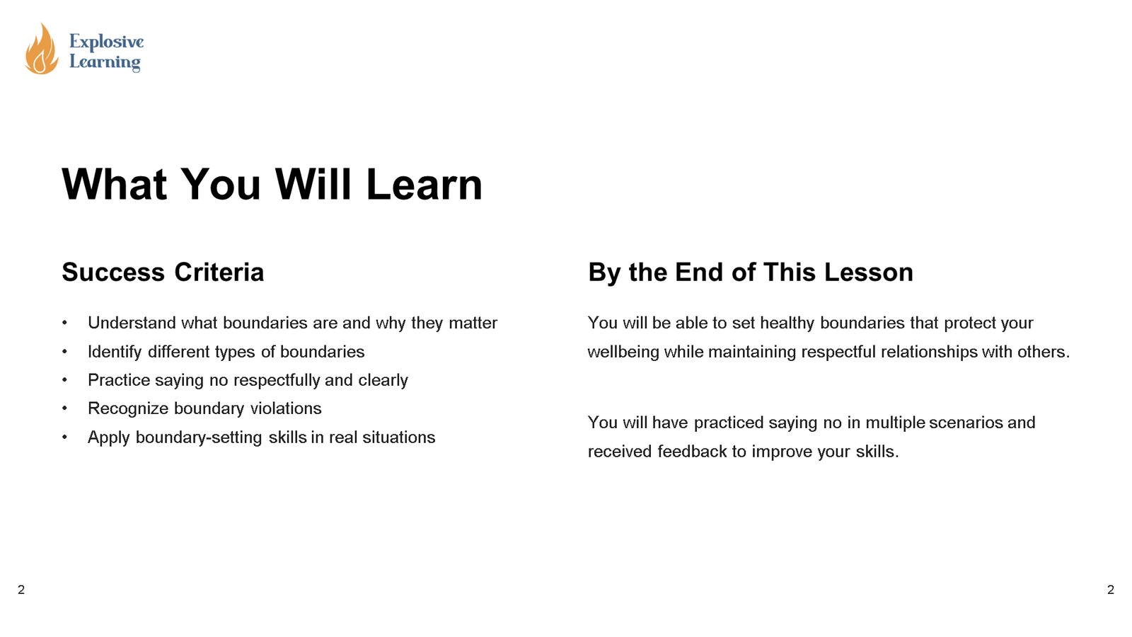 Lesson slide outlining boundary-setting learning objectives