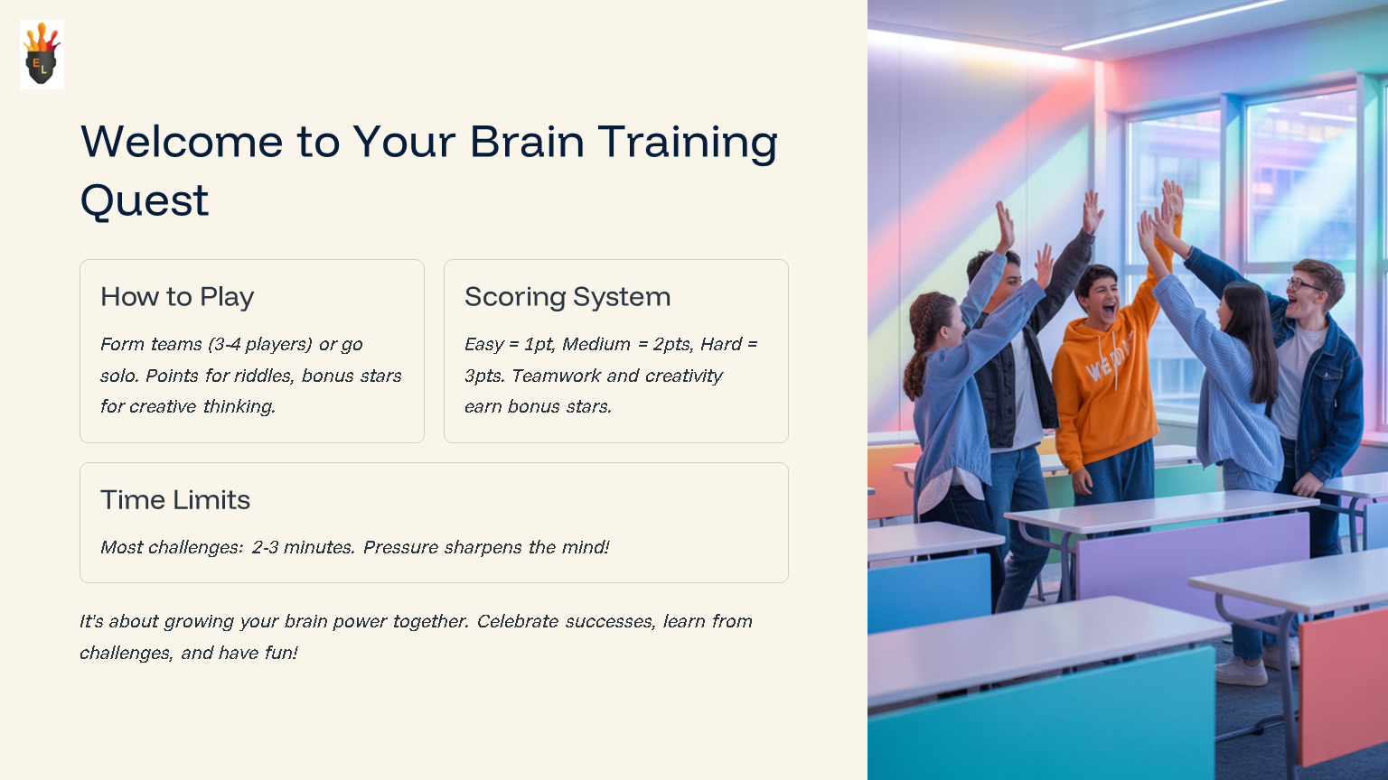 Students high-fiving in classroom during brain training activity