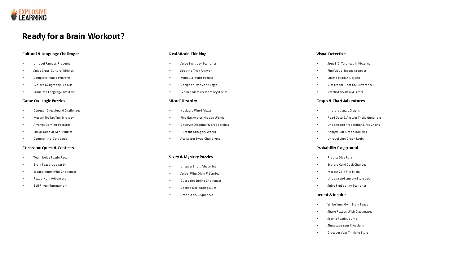 Poster listing brain workout puzzle categories