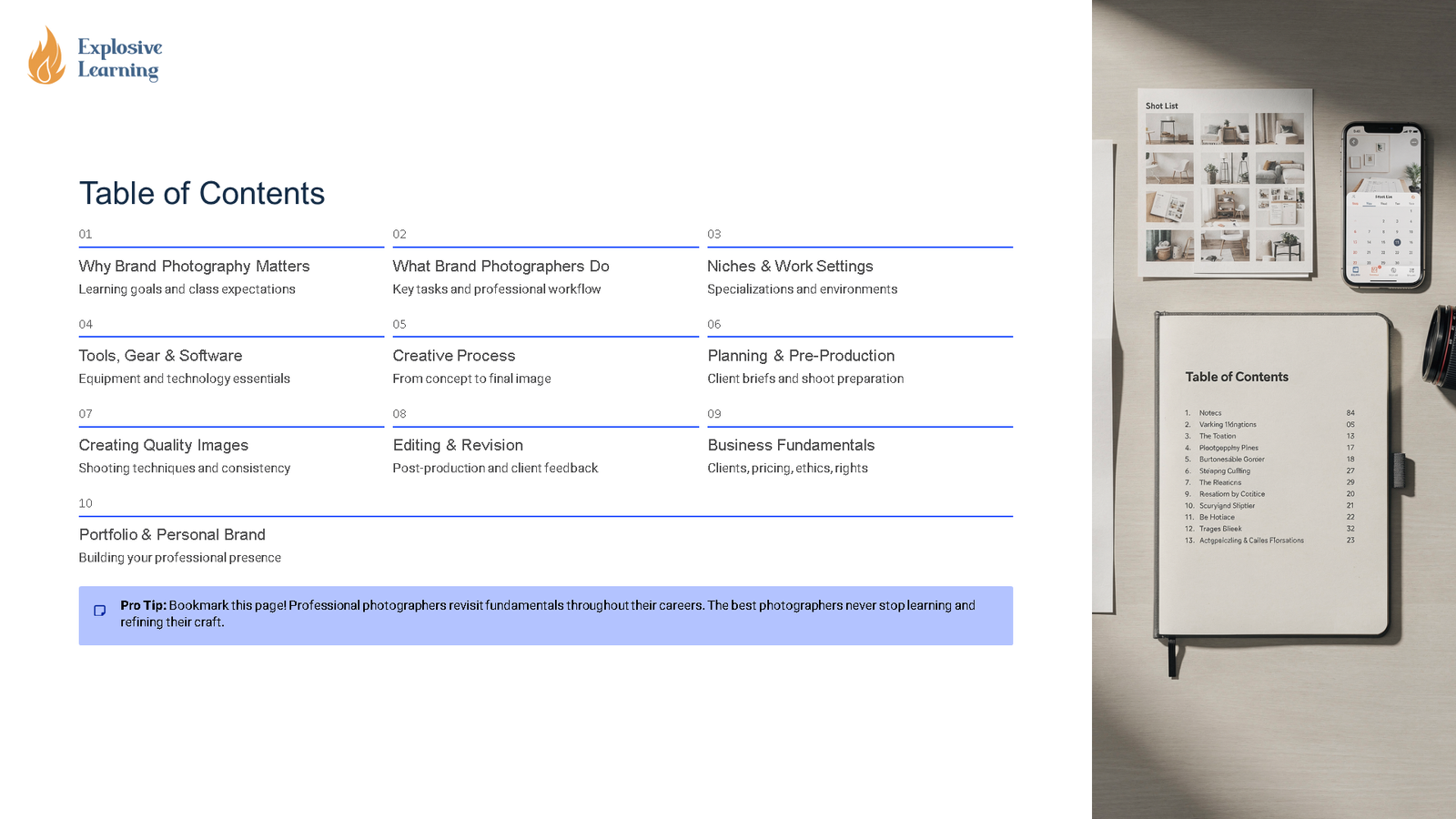 Brand photography course table of contents slide