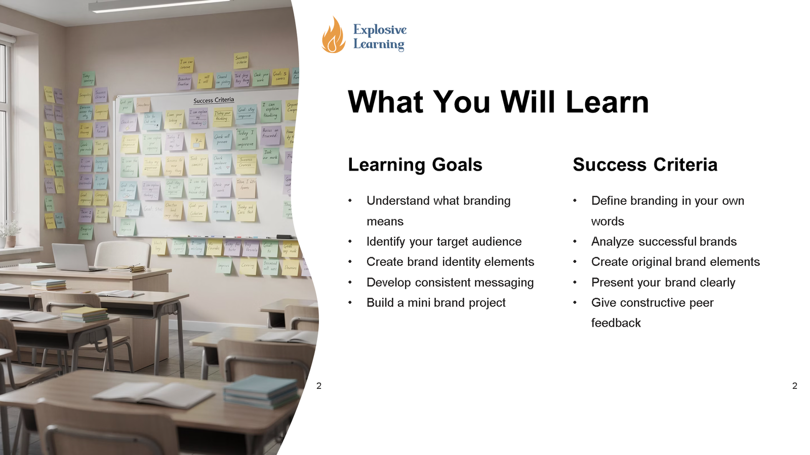 Classroom slide showing branding learning goals and criteria