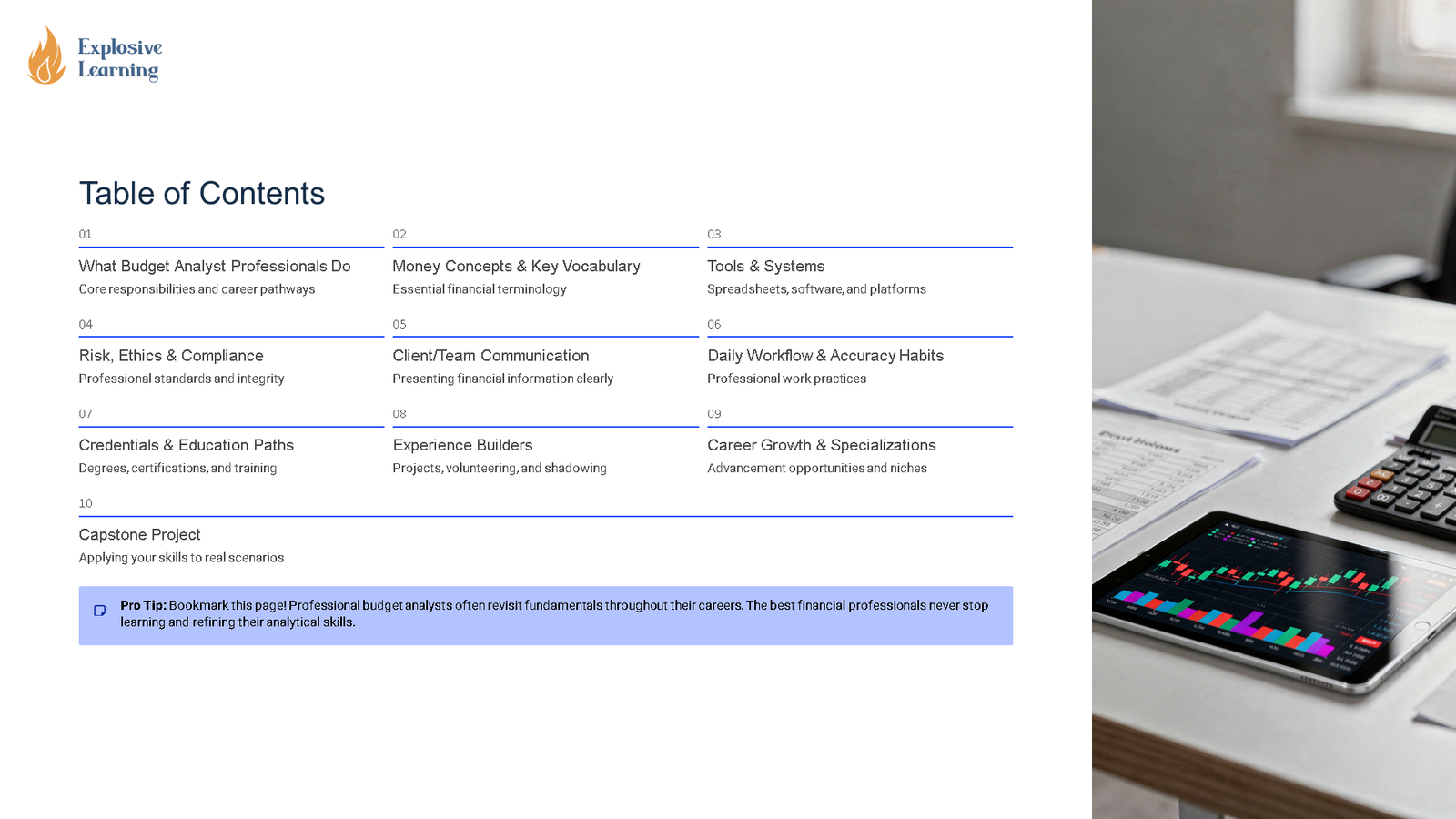 Budget analyst course contents beside financial desk setup