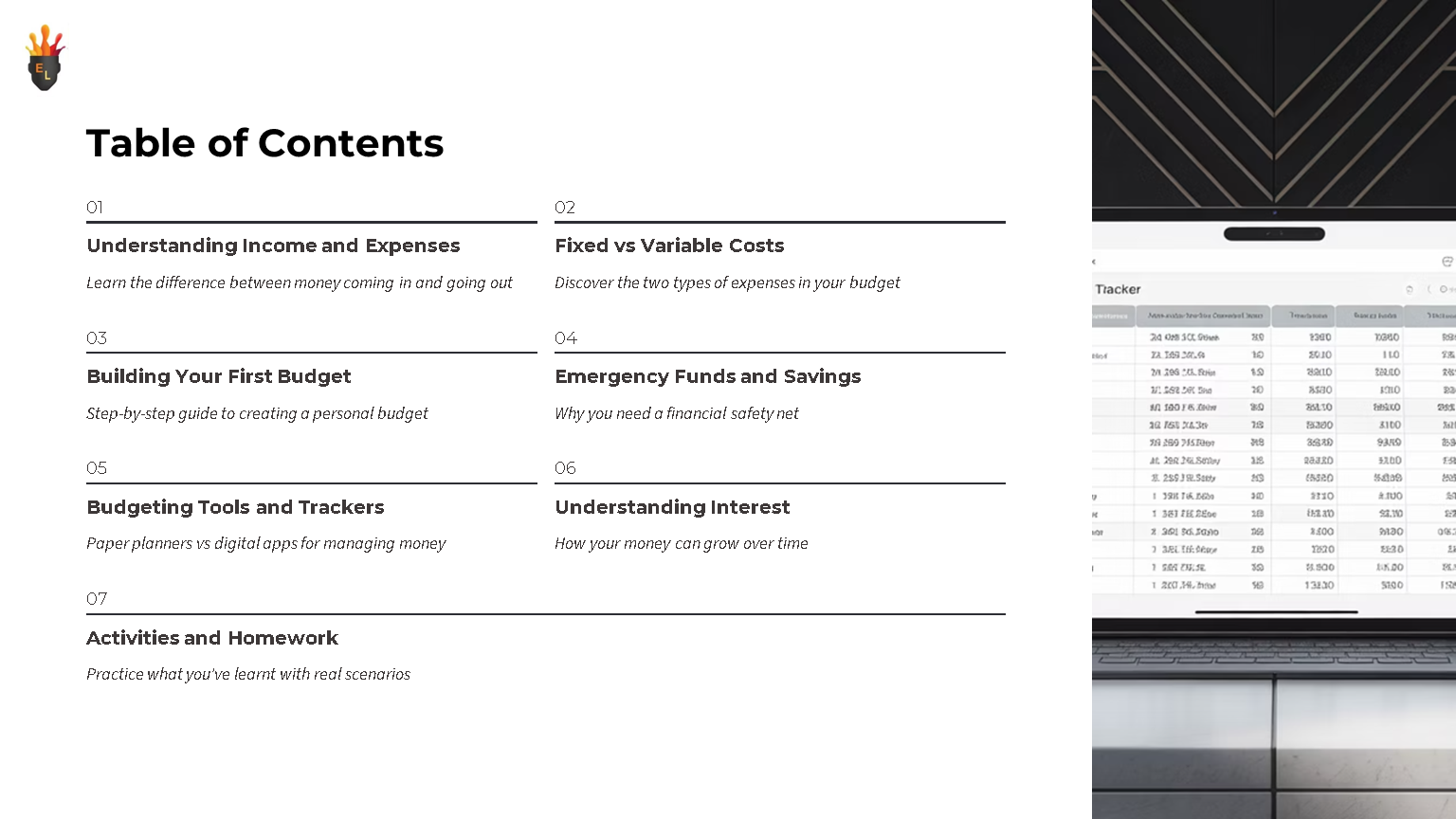 Budgeting presentation table of contents slide