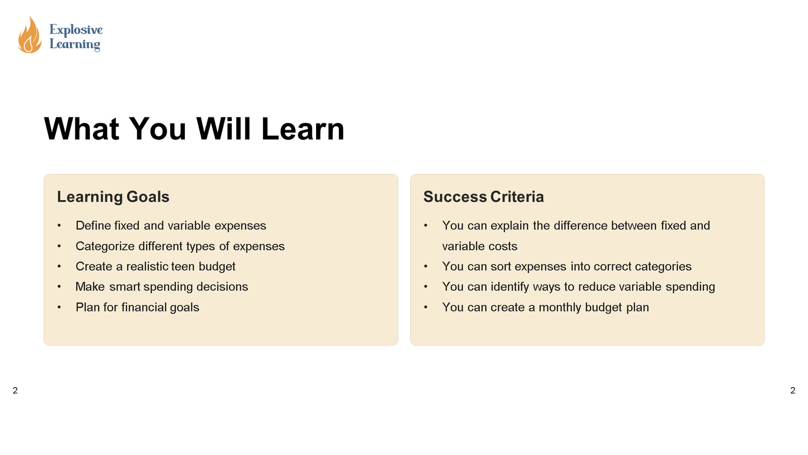 Learning goals and success criteria slide