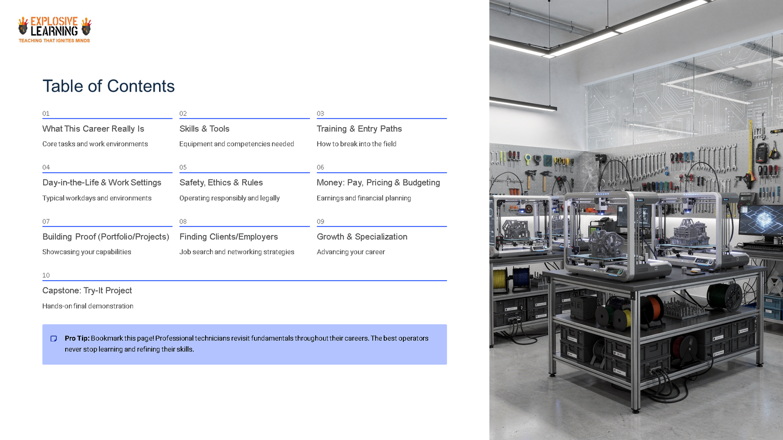 Modern 3D printing workshop with table of contents slide
