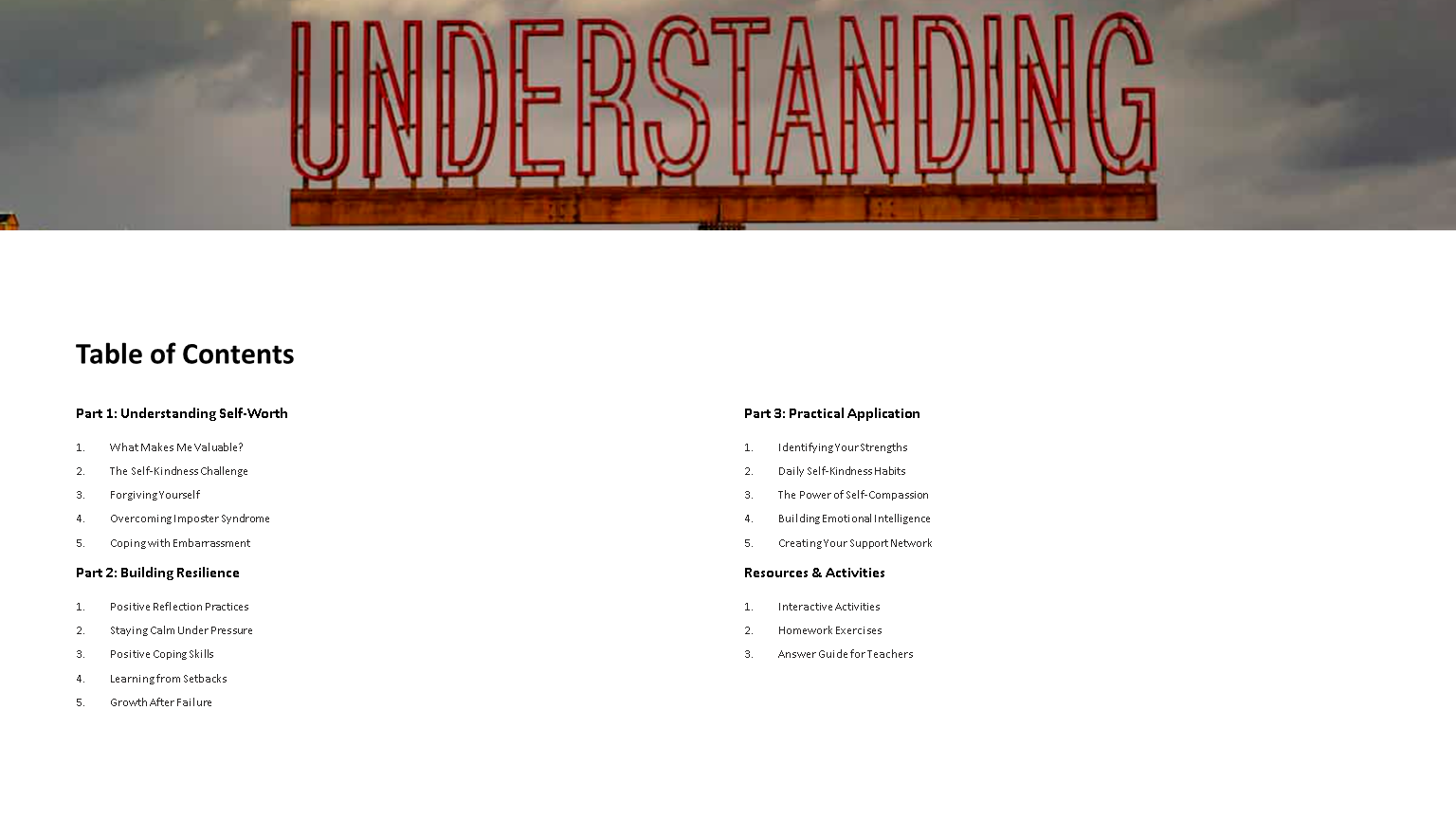 Table of contents for self-worth workbook