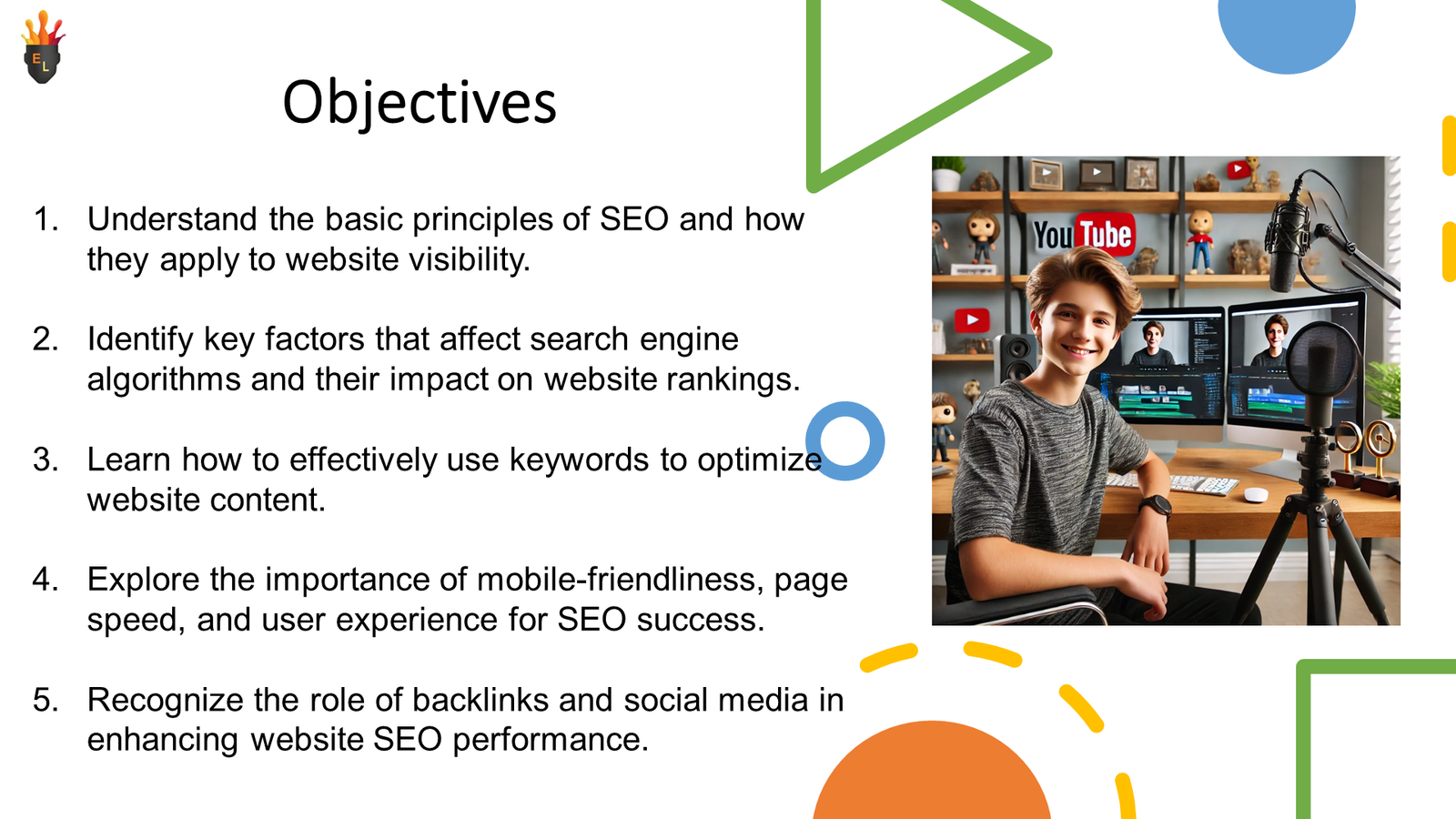 SEO objectives slide with content creator at desk