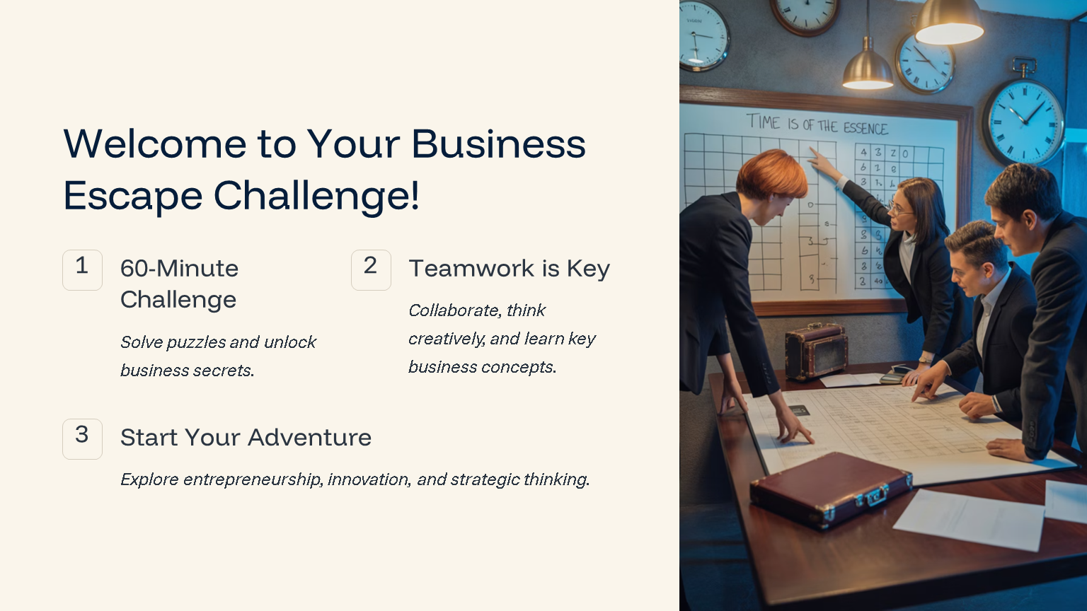 Team solving business escape room challenge together