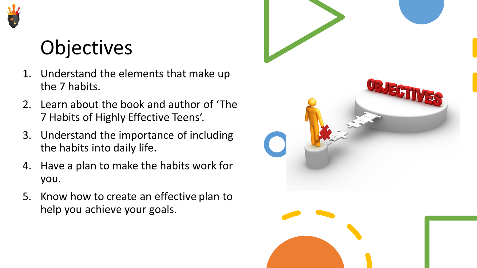 Presentation slide showing objectives and puzzle illustration