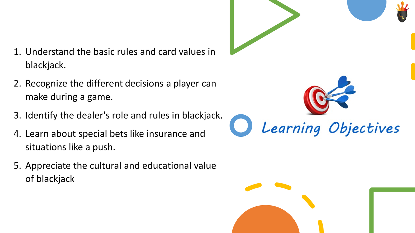 Blackjack learning objectives slide with target graphic
