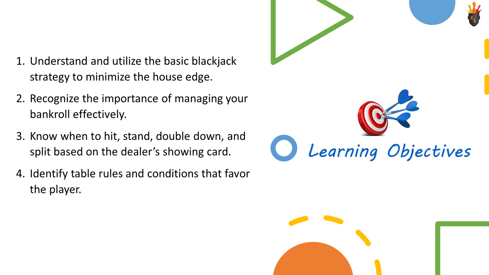 Blackjack learning objectives slide with target graphic