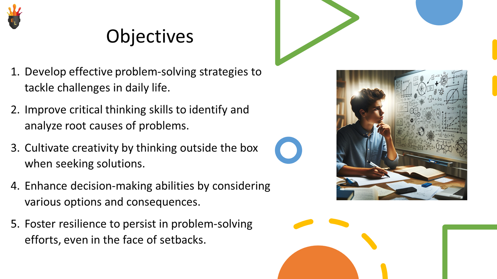 Objectives slide with problem-solving goals and student studying